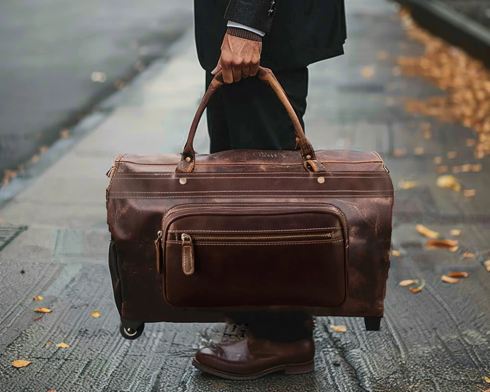 leather carry on duffel bag with wheels